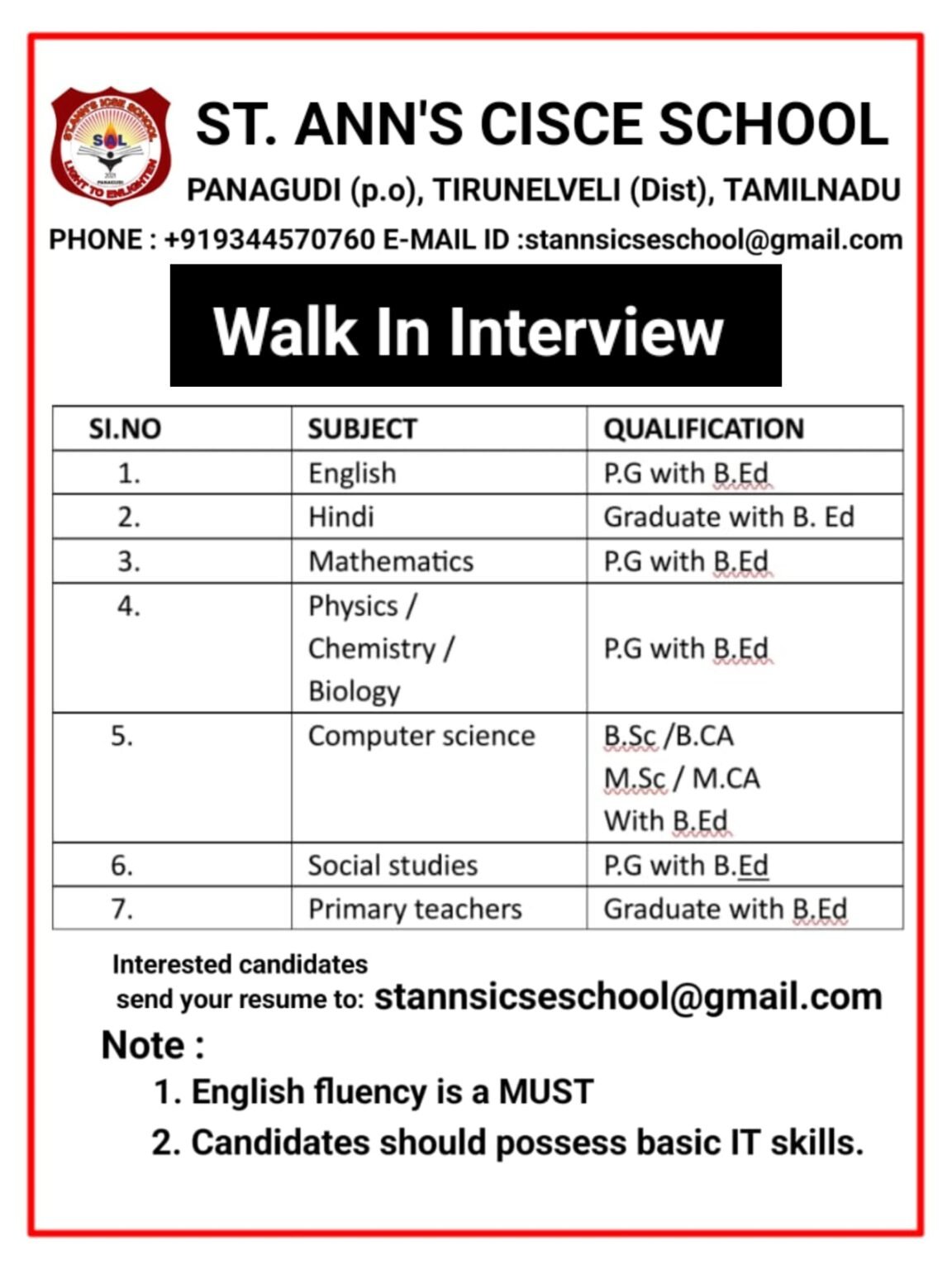 You are currently viewing TEACHER’S WANTED walk in interview